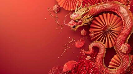 2024 Chinese New Year banner Abstract art with an oriental dragon and folding paper fans on a red background Lunar New Year celebration card design