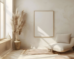 Wall Mural - Empty vertical frame for wall art mock up hangs on the beige wall. Minimalist boho living room interior.