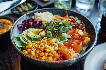 Wall Mural - Colorful Salmon and Avocado Poke Bowl Served at a Fancy Restaurant