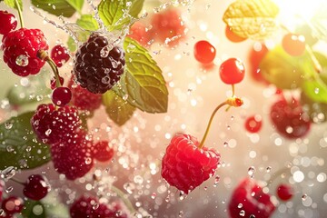 Aufkleber - Fresh Raspberries, Black Currants, and Cherries Falling Through Air With Water Splashes and Mint Leaves