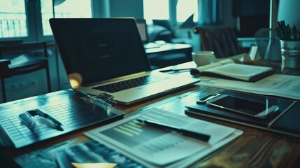 Laptop mobile phone tablet and documents on a working table in a creative office Concept of successful teamwork and business startup Image with toned effect