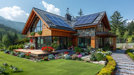 Wall Mural - Real estate highlighting Sustainable Living home with solar panels a green roof and an ecofriendly garden