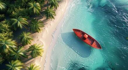 Canvas Print - Aerial View of a Red Boat on a Sandy Beach With Palm Trees