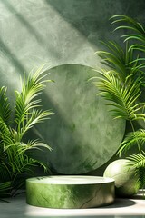 Poster - Green podium with circle and palm leaves in natural sunlight creating serene and fresh atmosphere
