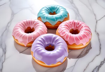 Colorful glazed donuts with a swirled pattern on a marble surface