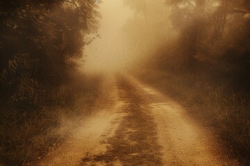 Poster - A dirt road surrounded by fog and trees, perfect for use in outdoor adventure or nature photography