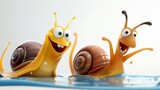 Two animated snails with joyful expressions playing in shallow water, embodying a playful and cheerful spirit, surrounded by a clean and bright background.