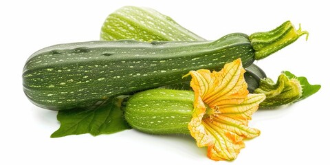 Wall Mural - Squash Flower. Two Courgettes with Flower and Leaf, Fresh Green Organic Vegetable