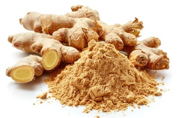 Poster - A close-up view of two piles, one made of ginger root and the other made of powder
