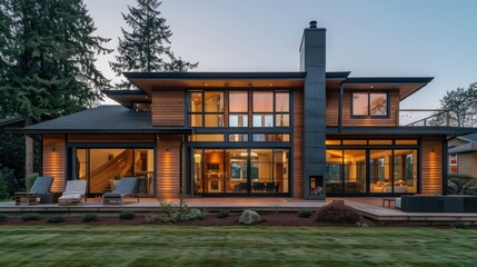 suburban farmhouse with a Pacific Northwest style, including cedar siding, large glass windows, and an interior focused on natural materials and earthy tones