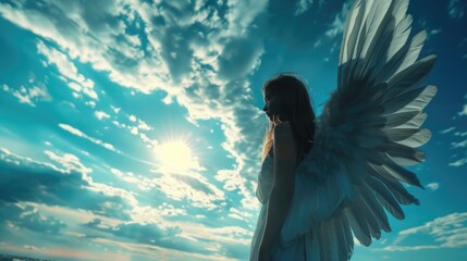 Aufkleber - A woman in a white dress with wings spreads her arms wide, floating in the air against a blue sky