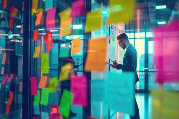 Aufkleber - A person standing in front of a glass wall with a sticky note surface, ready for organization and planning