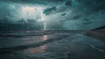 Canvas Print - rainy day at the beach with thunderstorm