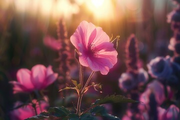 Poster - Close-up shot of a pink flower in a natural setting, suitable for use in articles about nature, gardens, or as a decorative element