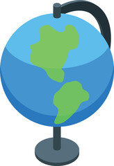 Poster - Blue school globe showing green continents is standing on a desk, perfect for illustrating concepts like education, geography and discovery