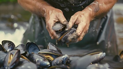 Poster - A person carefully cleaning and scrubbing mussels preparing them for cooking.