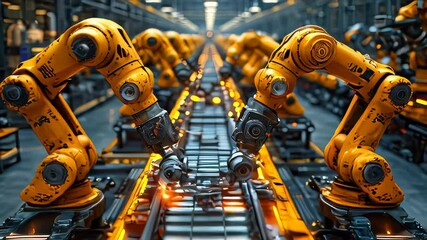 Poster - Industrial robot arms working in factory production line. Concept of artificial intelligence for industrial revolution and automation manufacturing process