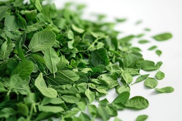 Wall Mural - A pile of green leaves on a white surface