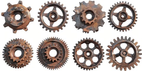 Poster - A collection of old industrial gears with a worn, rusty appearance against a clean white background