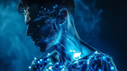 Futuristic cybernetic man the intersection of technology and humanity. Dark blue lighting