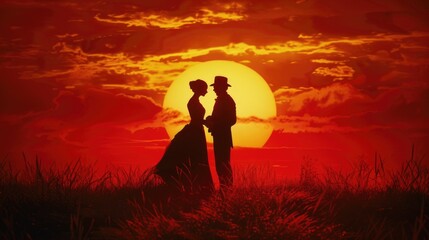 Aufkleber - A couple stands together in a field, enjoying the warm glow of sunset