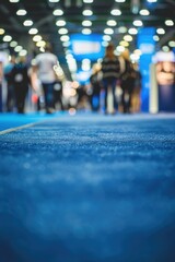 Sticker - A group of people strolling down a vibrant blue carpet, possibly for a red carpet event or a fashion show