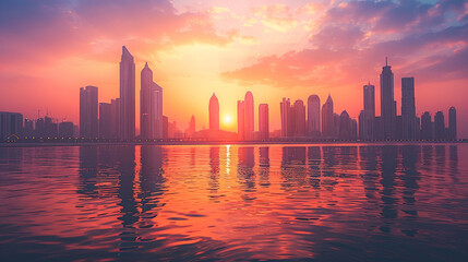 Wall Mural - Iconic Landmarks: Notable structures such as the Etihad Towers and the Sheikh Khalifa Bridge stand majestically, their architectural elegance enhanced by the warm glow of the setting sun.
