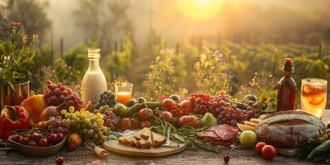 Aufkleber - A wooden table filled with various types of food, ideal for use in editorial or commercial contexts