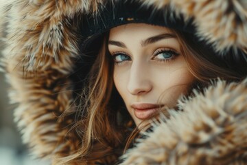 a woman wearing a fur coat with a hood over her head, perfect for cold winter days or as a fashion s