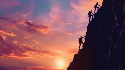 Group of climbers ascending a steep mountain face at sunrise, with the sky painted in hues of orange and pink, highlighting the determination and teamwork of the climbers.