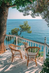 Poster - Two wicker chairs sit on a porch overlooking the ocean, great spot for relaxation