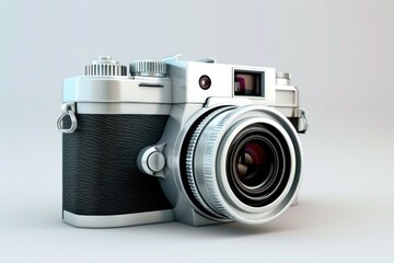 Aufkleber - A camera with a silver and black body sitting on a white surface, ready for use