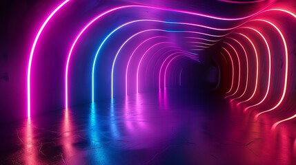 Wall Mural - Futuristic concept rendered in 3D showcasing a colorful background with abstract shapes glowing in the ultraviolet spectrum characterized by curvy neon lines representing energy