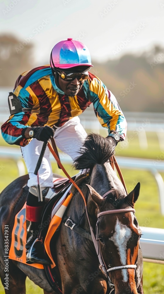 African American male jockey riding a racehorse on a racetrack. Concept ...