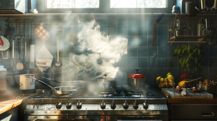 Poster - A kitchen with various cooking utensils and equipment