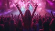 © asayenka - Silhouettes of enthusiastic fans raising their hands during a live concert performance, with bright stage lights and dynamic colors creating an energetic atmosphere.