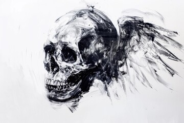 Poster - A black and white illustration of a skull with wings, perfect for horror-themed designs or spooky decorations