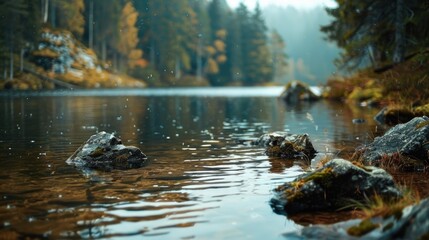 Poster - A serene lake scene with trees and rocks surrounding the water