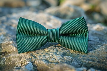 Poster - A small green bow tie sitting on a rocky surface, perfect for use in illustrations or designs where a pop of color is needed