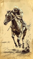 Sepia toned digital art of a male jockey riding a horse. Concept of equestrian sport, male athlete, horse racing, dynamic illustration. Vertical