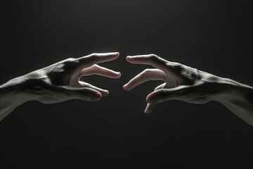 Poster - Two hands reaching for each other on a black background