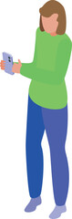 Poster - Young woman is holding a smartphone, possibly browsing social media or sending a text message