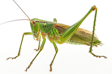 Poster - A single green grasshopper sitting on a white background