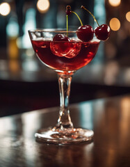 manhattan, crystal, coupe, glass, cherry, garnish, elegant, speakeasy, cocktail, whiskey, vermouth, bitters, sophisticated, premium, drink, classic, wine, alcohol, red, table, restaurant, white, wineg