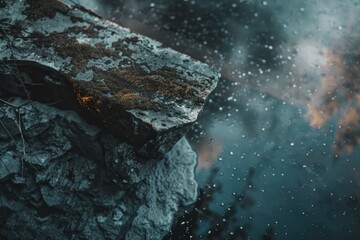 Poster - A large rock partially submerged in a calm lake or ocean, with ripples on the surface