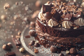 Poster - A delicious-looking chocolate cake with white frosting and nuts on top, perfect for any occasion or celebration