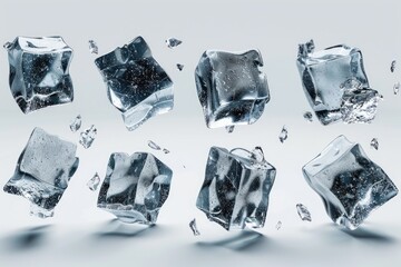 Poster - A group of ice cubes falling from above, suspended in mid-air