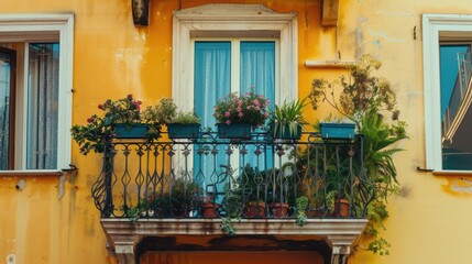 Poster - A balcony with potted plants and a blue door, perfect for a peaceful outdoor space or a creative workspace