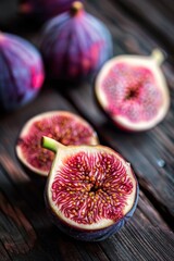 Poster - A close-up shot of a sliced fig sitting on a wooden table, perfect for food or still life photography