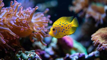 An electric blue fish with yellow spots swims among coral in a reef